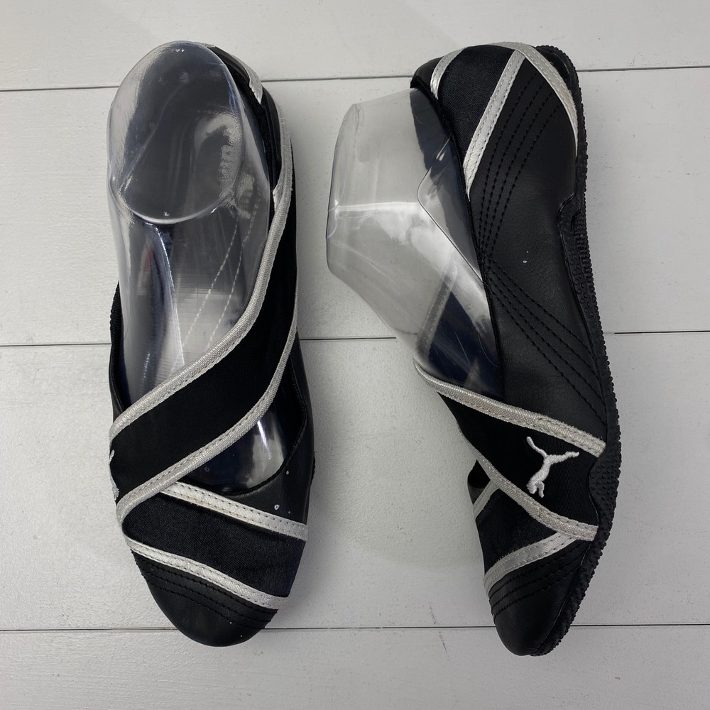 Vtg Puma Ballerina Flats Shoes Womens 6.5 Black Silver Sporty Ballet Wrap Y2K